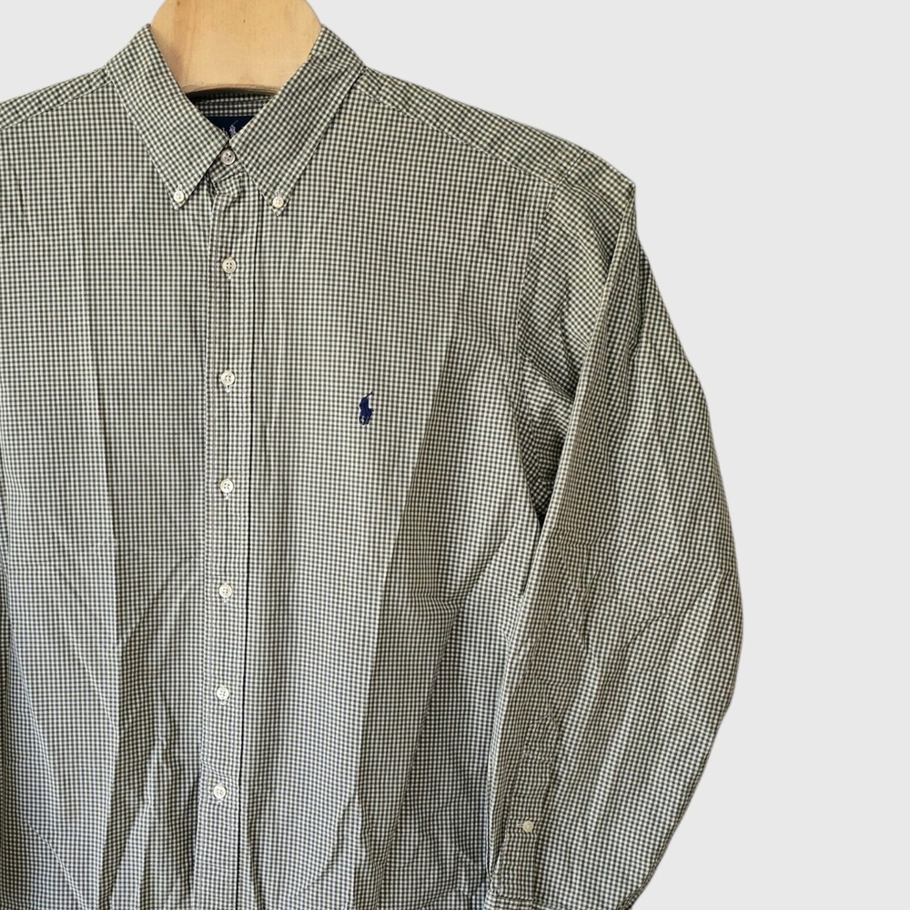 Ralph Lauren Mens XXL Classic Fit Gingham Button Down Shirt Olive Green White